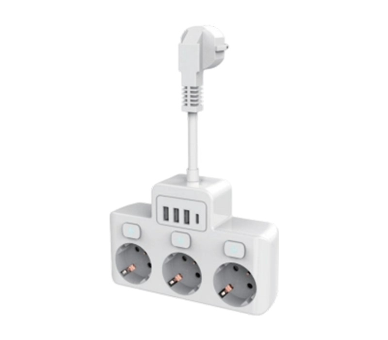 3 Avrupa Tarzı Çıkışlı, 3 USB-A Bağlantı Noktalı ve 1 USB-C Bağlantı Noktalı, Bağımsız Anahtarlı E14 Kablolu Güç Kablosu