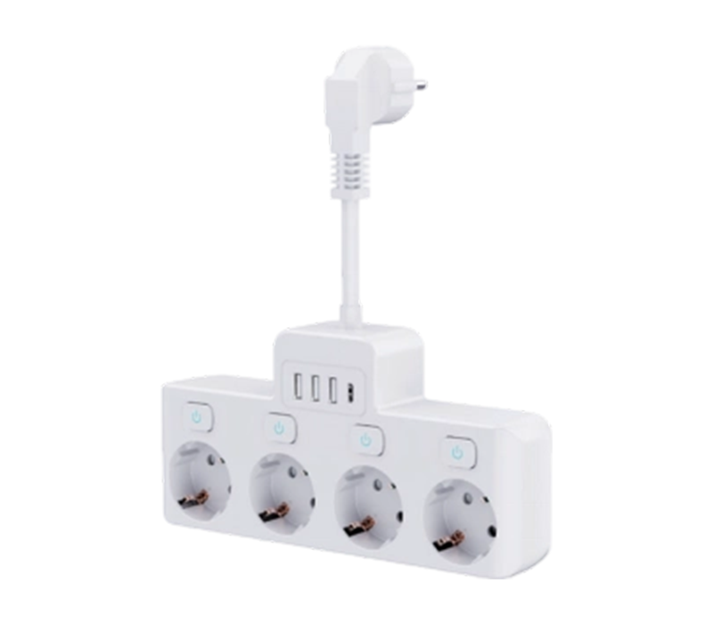 E14-4 4 Avrupa Tarzı Çıkışlı, 3 USB-A Bağlantı Noktalı ve 1 USB-C Bağlantı Noktalı Kablolu Güç Kablosu, Bağımsız Anahtarlı