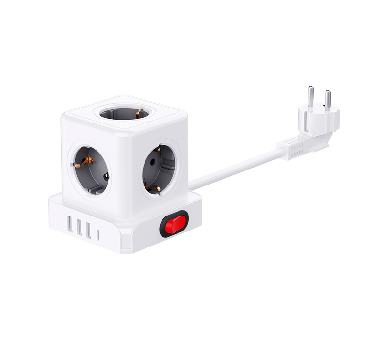 E23 Kablolu Küp Güç Şeridi, 5 Avrupa Tarzı Çıkışlı, 3 USB-A Bağlantı Noktası ve 1 USB-C Bağlantı Noktası, Anahtarlı